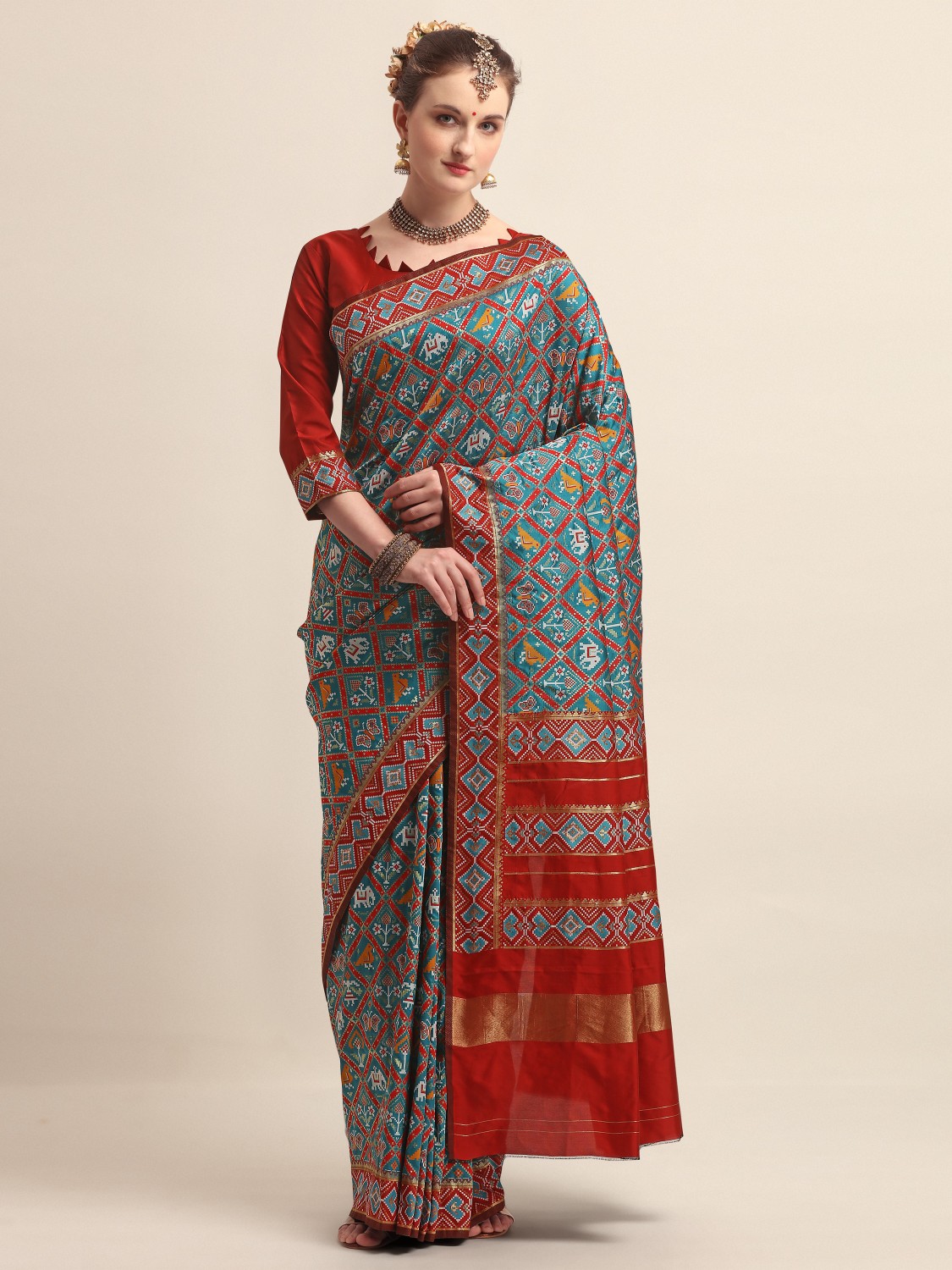 KAPAAHA Woven Figure Patola Saree (Firozi)